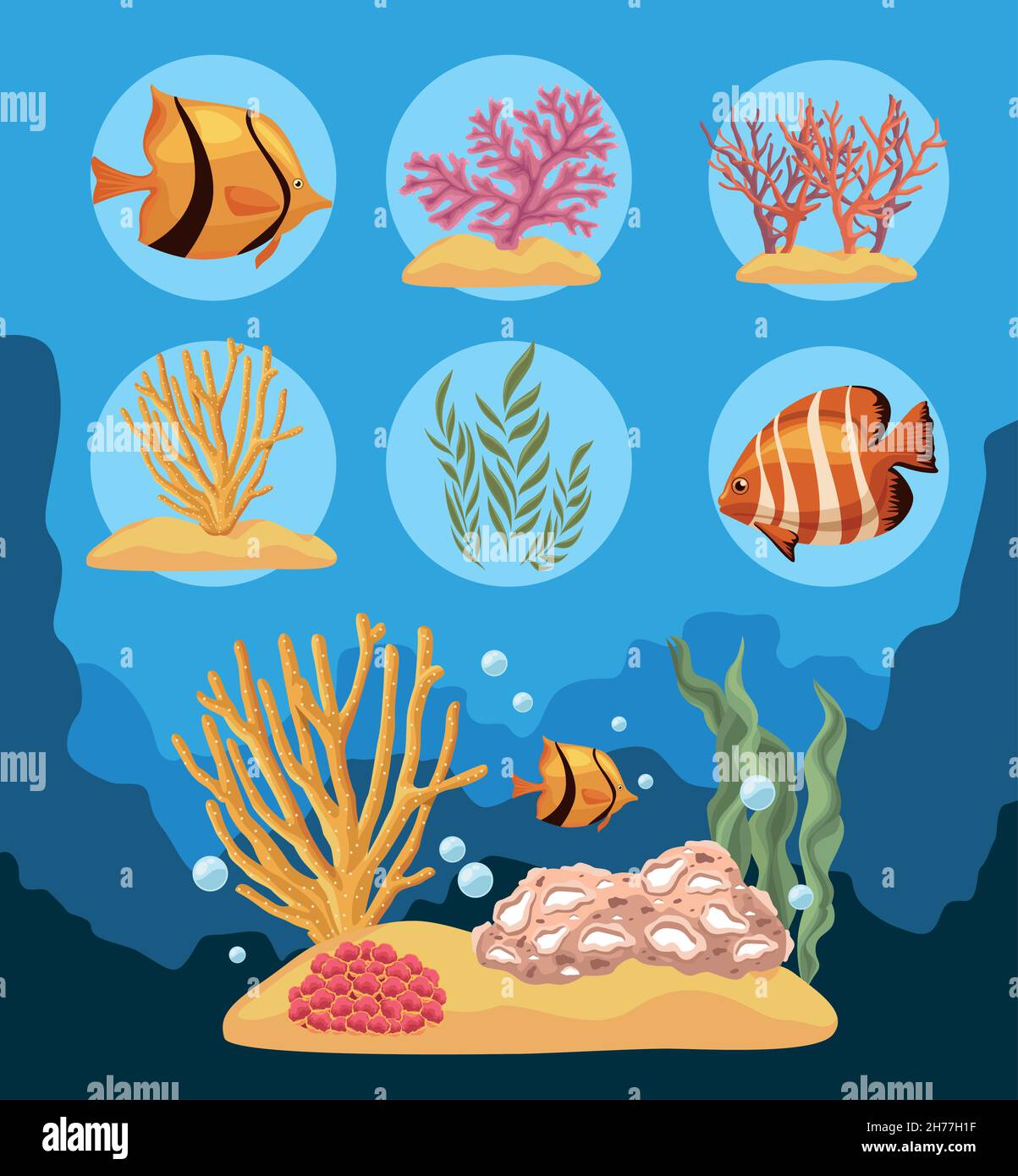 Sieben Symbole des Meereslebens Stock Vektor