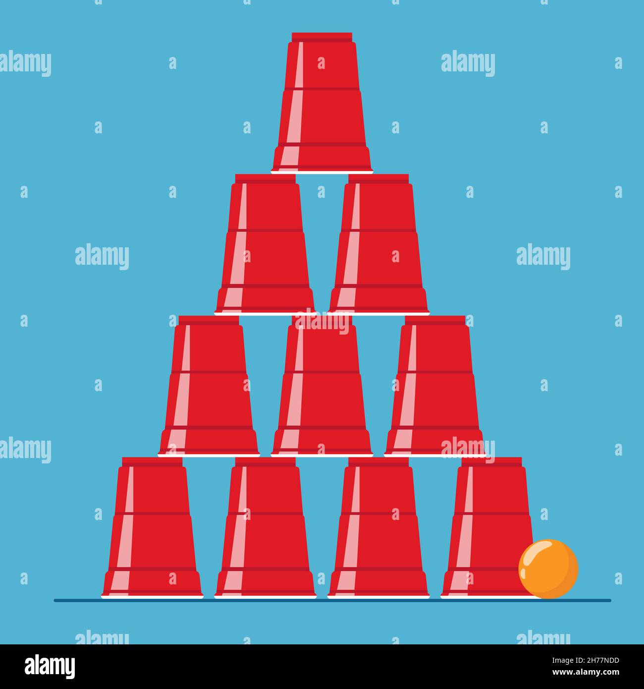 Rote Bier Pong Pyramid Illustration. Plastikbecher und Ball. Traditionelle Party trinken Spiel. Vektor Stock Vektor