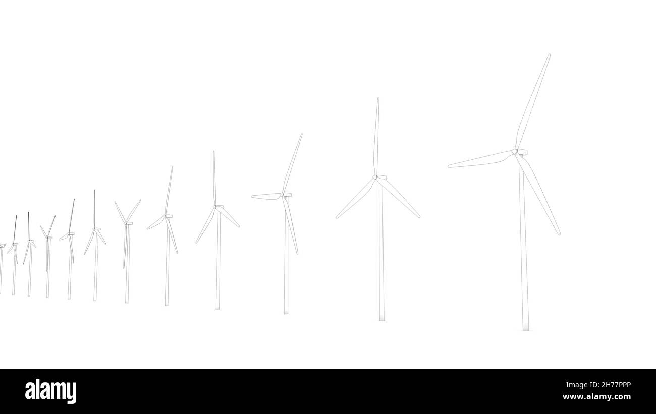 Zeichnung des Windparks Cartoon-Vorlage Erneuerbare Energien Elektrizitätskonzept 3D Rendern Stockfoto