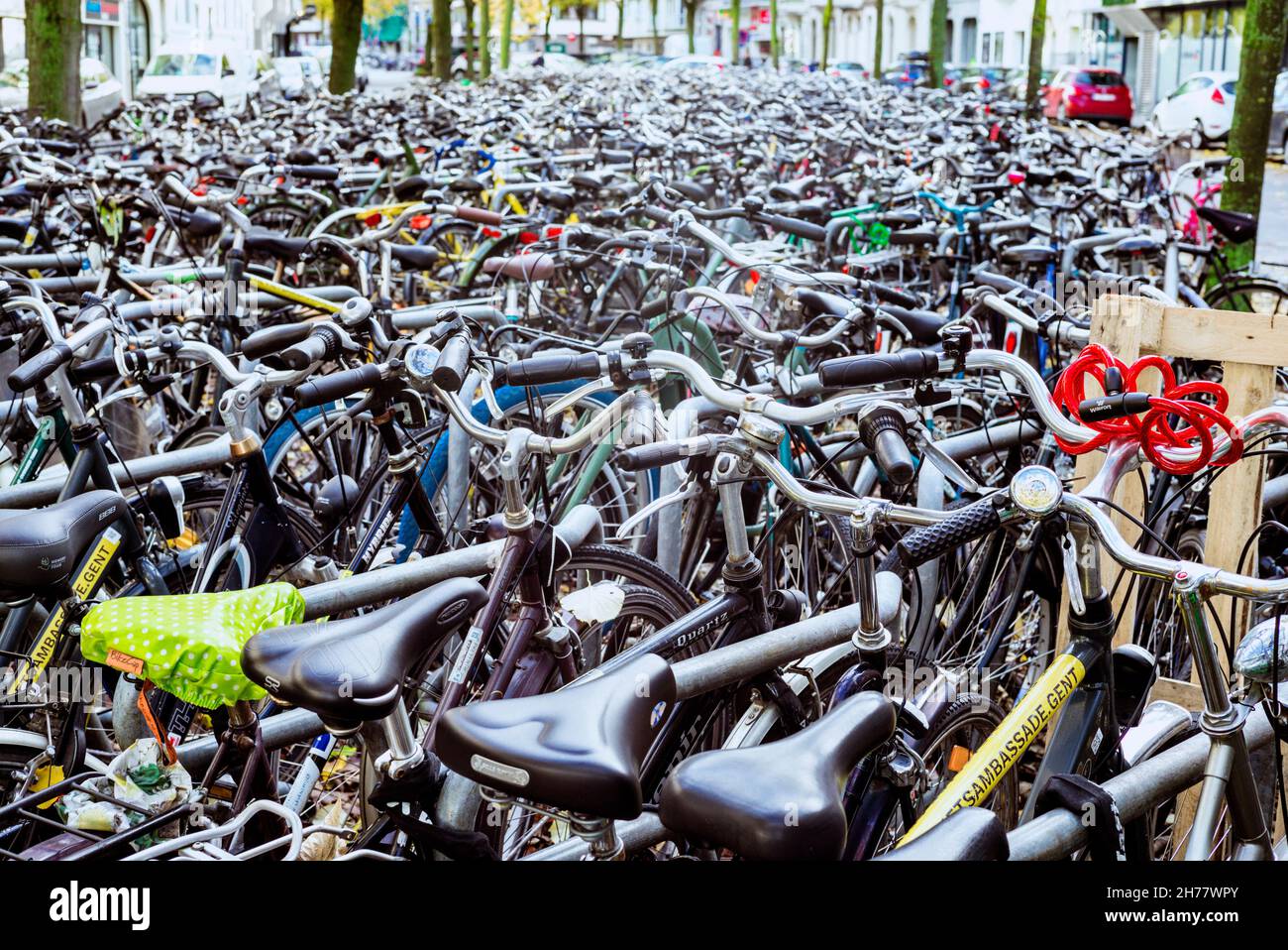 Fahrräder, die in Gent/Belgien öffentlich geparkt sind. Die Stadt hat den Ruf, fahrradfreundlich zu sein. Stockfoto