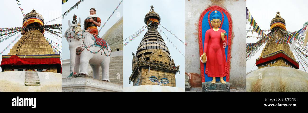 Set von tibetischem Wahrzeichen, Bodnath Stupa, Gebetsfahnen in Nepal, Kathmandu. Buddhismus-Konzept Stockfoto