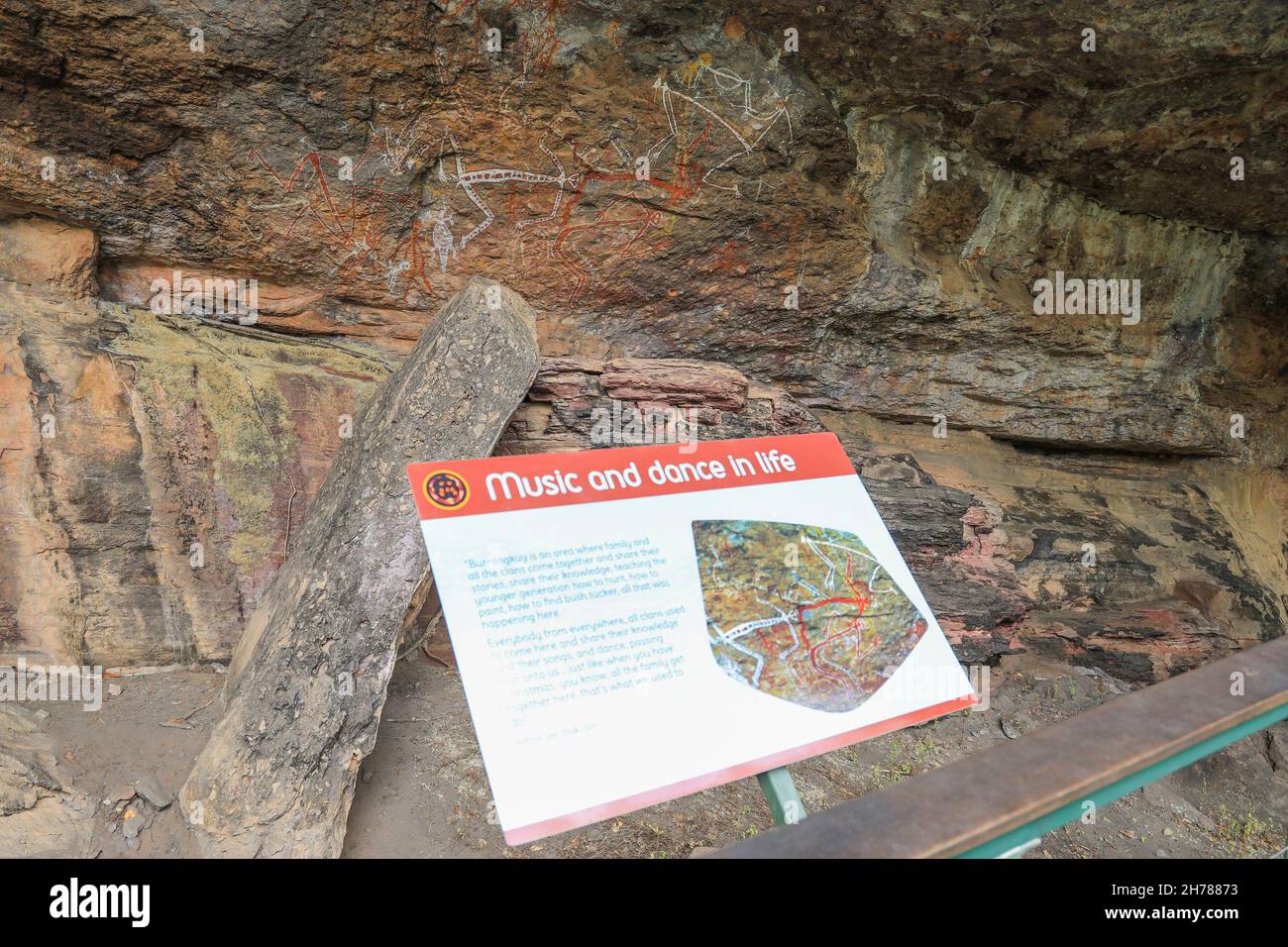 Musik und Tanz im Lebenszeichen im Angbangbang Rock Shelter erklären Gemälde, Kakadu National Park, Northern Territory, Australien Stockfoto
