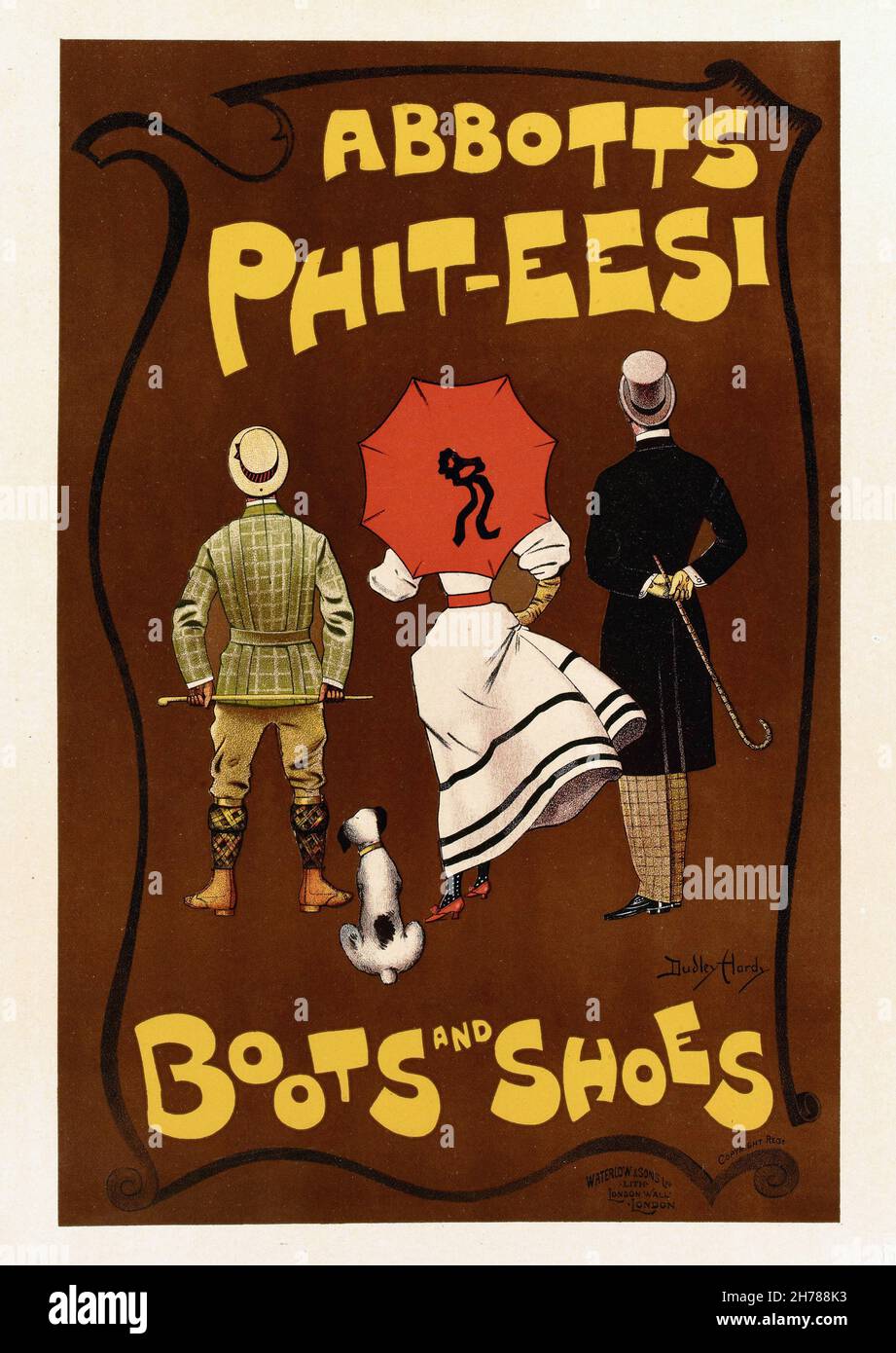 Zwei Herren, eine Dame und ein Hund von hinten gesehen in der Plakatwerbung für „Abbotts Phit-EESI“ Stiefel und Schuhe von Dudley Hardy 1890s Stockfoto