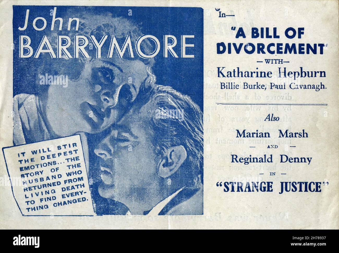 Back of British Herald / Flyer für JOHN BARRYMORE BILLIE BURKE und KATHARINE HEPBURN in Einem SCHEIDUNGSENTWURF 1932 spielen Regisseur GEORGE CUKOR das Drehbuch von Clemence Dane Howard Estabrook und Harry Wagstaff Gribble RKO Radio Pictures Stockfoto