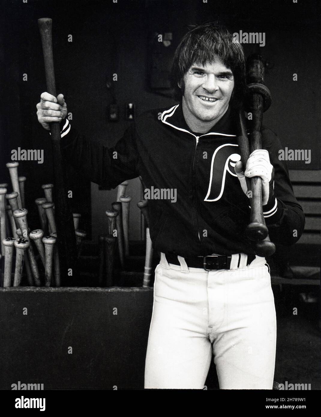 Ein posierte Foto von PETE ROSE um 1979, als er für die Philadelphia Phillies spielte. Aufgenommen im Dodger Stadium in Los Angeles, Kalifornien Stockfoto