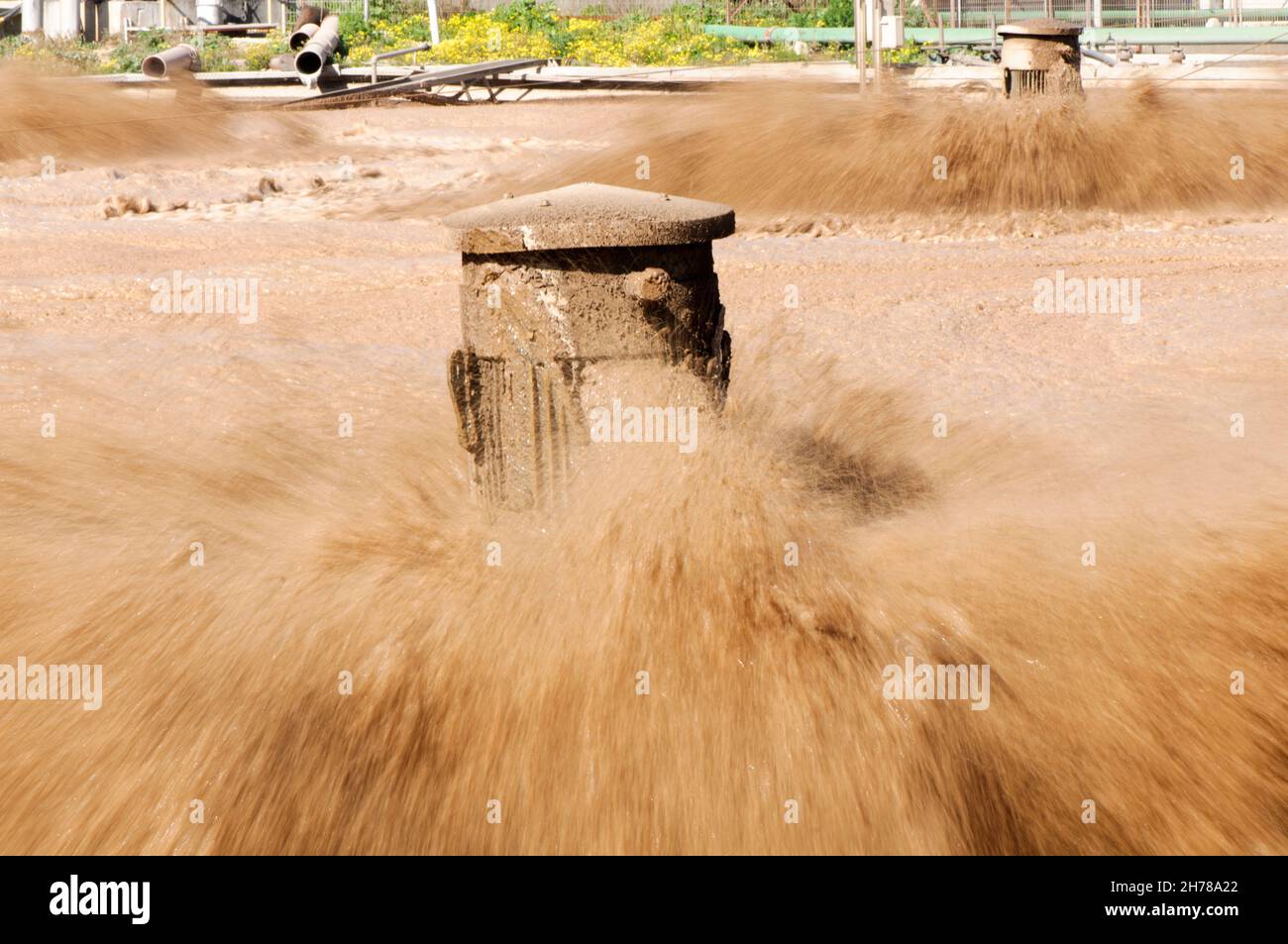 Kläranlage. Das aufbereitete Wasser wird dann für die Bewässerung und landwirtschaftliche Nutzung verwendet. Fotografiert in der Nähe von Hadera, Israel Israel, Schlammtrea Stockfoto