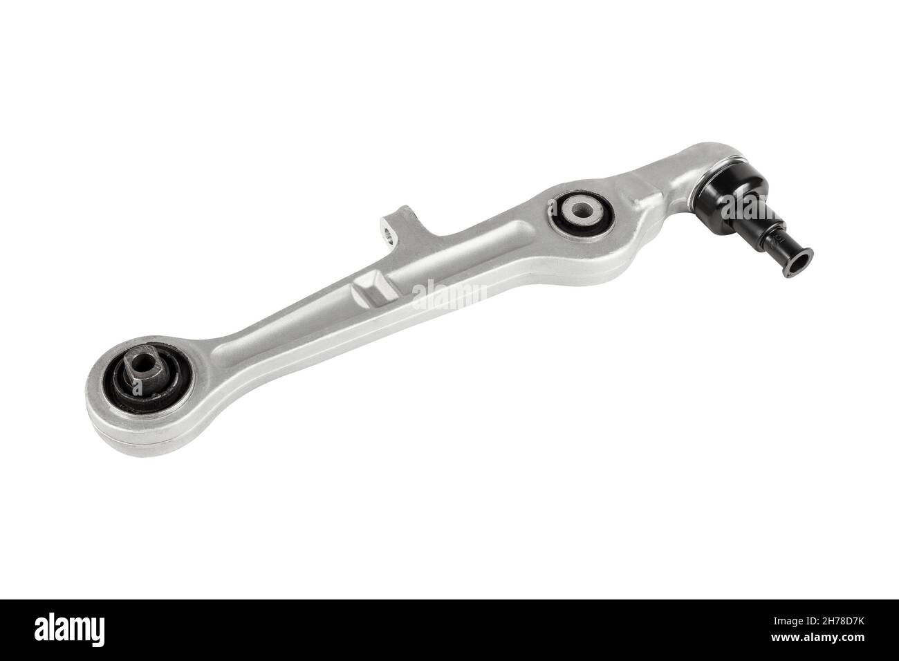 Unabhängiger, auf weißem Hintergrund isolierter Radaufhängungsarm. Der Aufhängungslenker ist ein Ersatzteil des Fahrzeugs. Stockfoto