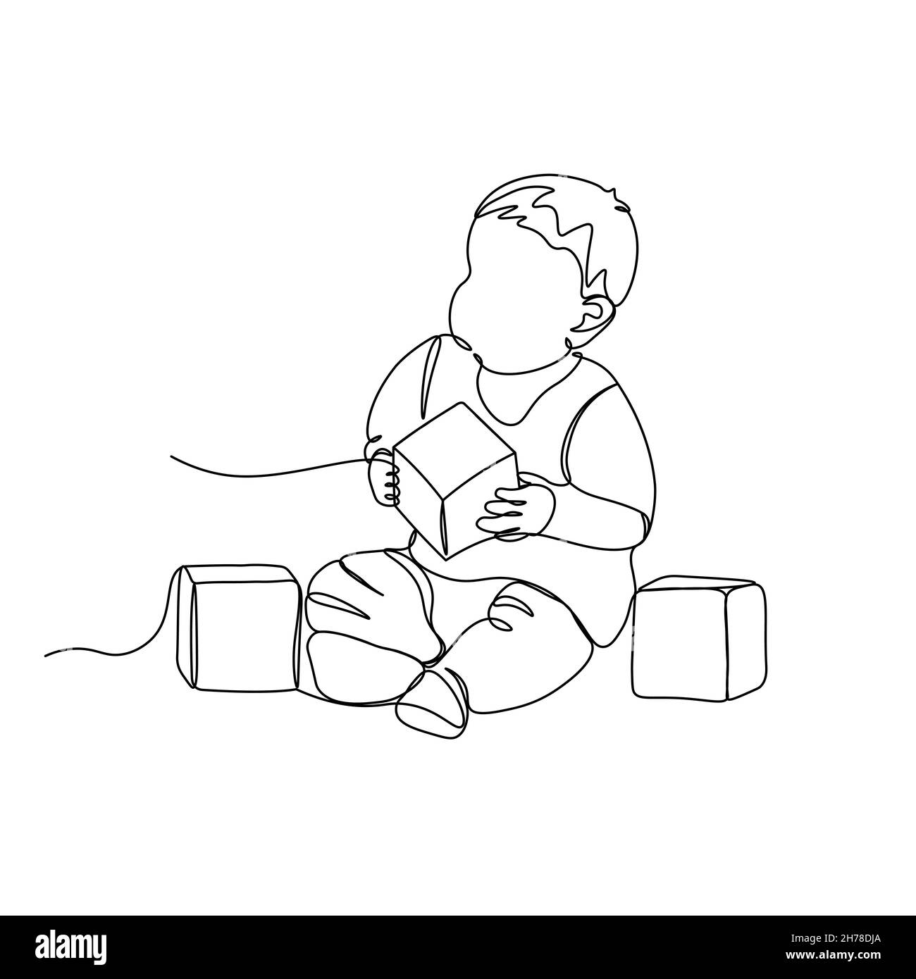 Ein Kind spielt mit Würfeln. Eine durchgehende Linie. Vektordarstellung mit einer einzigen Linie gezeichnet. Stock Vektor