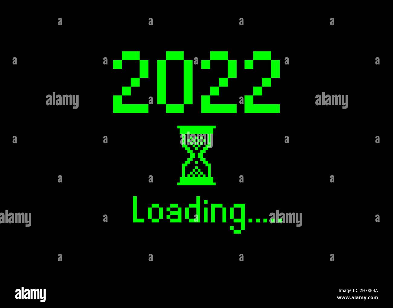 Frohes neues Jahr 2022 mit dem Laden Icon Pixel Art Bitmap Stil. Die Fortschrittsanzeige erreicht fast den Silvesterabend. Green Vector flaches Design 2022 Ladepixel Stock Vektor