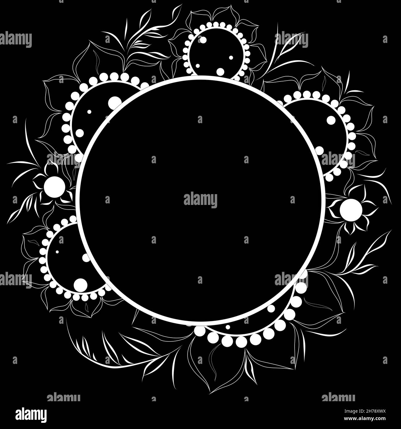 Schwarz-Weiß-Grafikrahmen, Blumenmuster, Vektor, Postkarte, Tapete Stockfoto