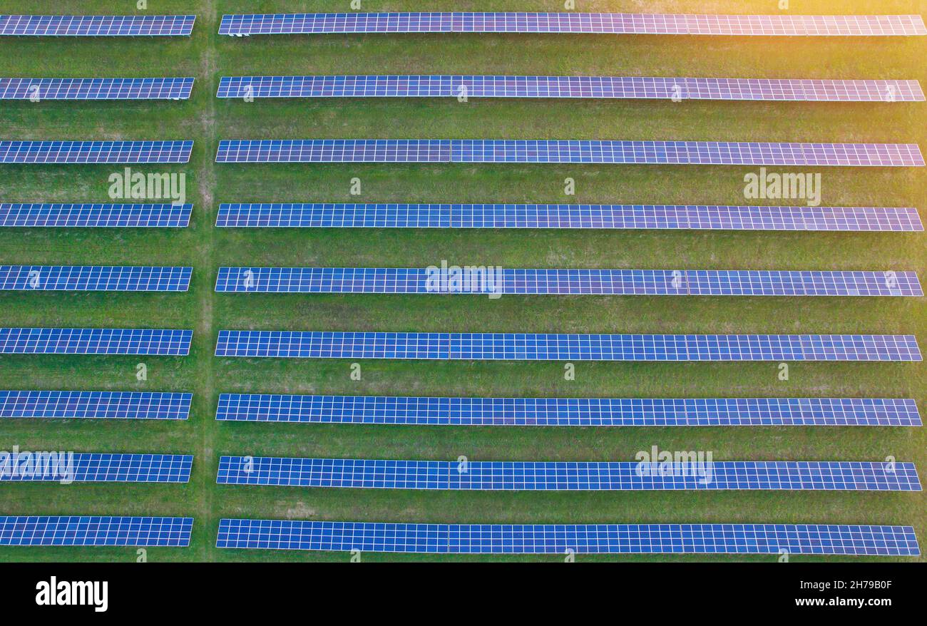 Solarkraftwerk aus einem Muster von Sonnenkollektoren von oben genommen. Stockfoto