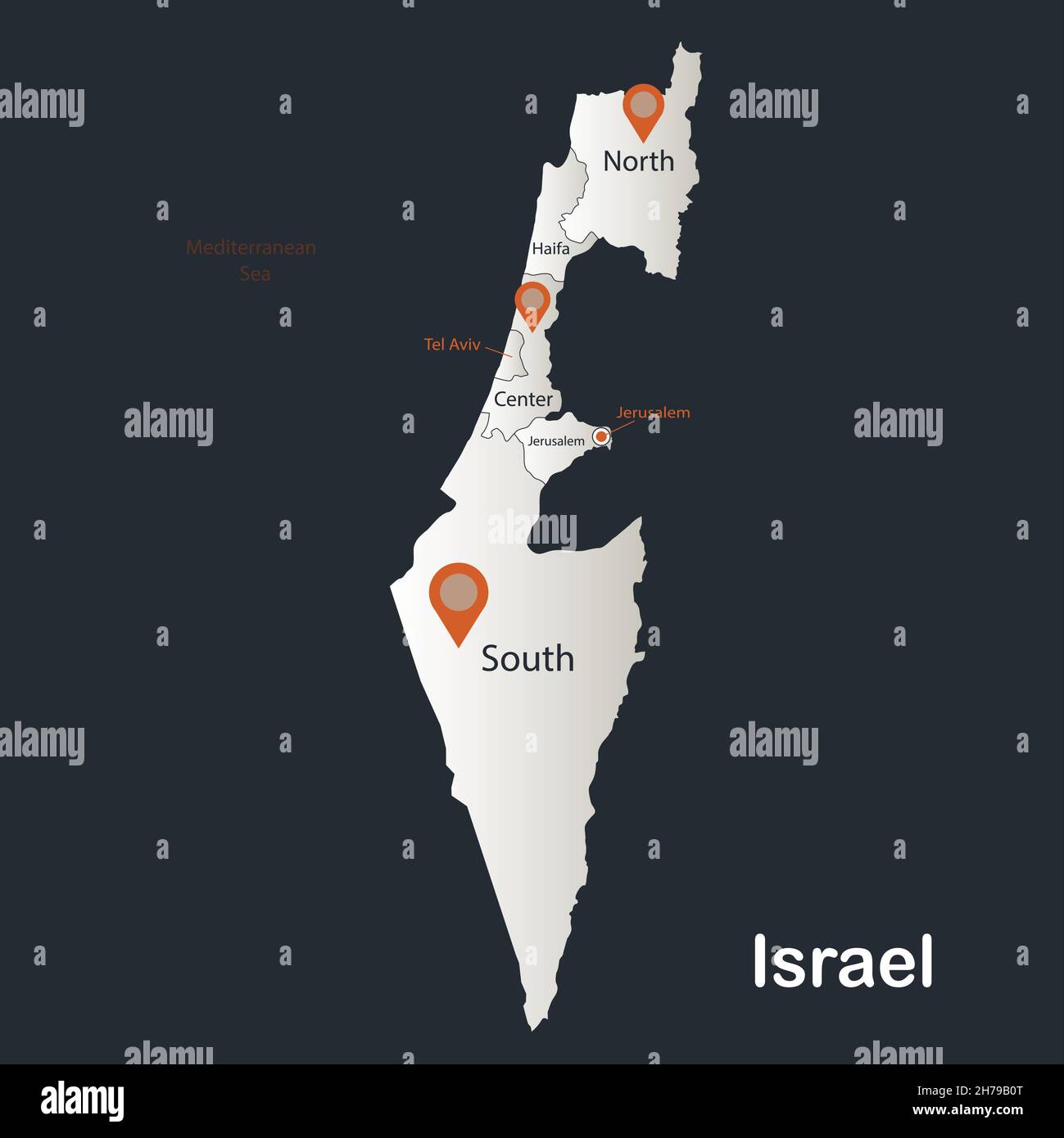 Israel-Karte, Infografiken flaches Design Farben schneeweiß, mit Namen der einzelnen Regionen Vektor Stock Vektor