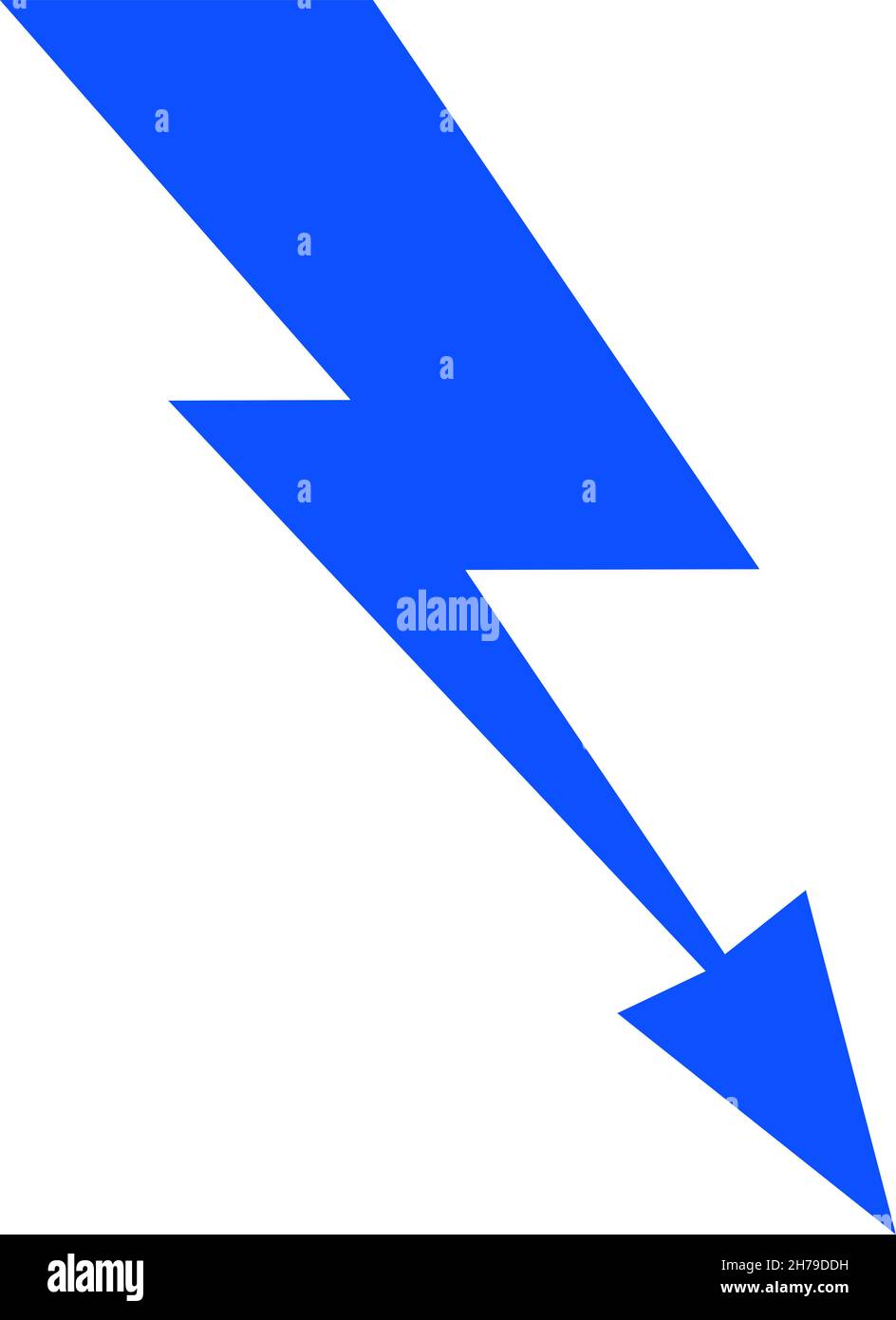 Symbol mit fallendem Pfeil im Zickzack-Muster. Blaues Schild mit Blitzschlag Stock Vektor