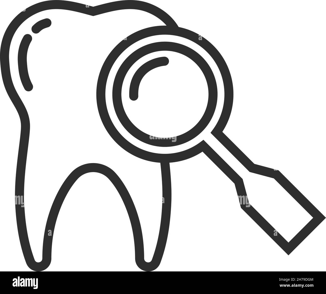 Zahn mit Lupensymbol. Symbol für Zahnuntersuchung Stock Vektor