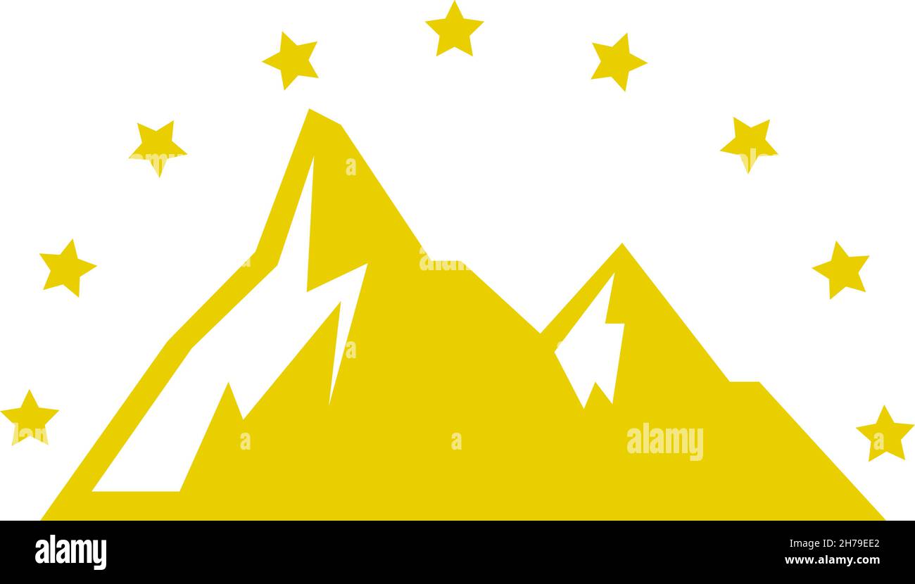 Berglogo mit Sternen auf der Oberseite. Abzeichen mit hohen Gipfeln Stock Vektor