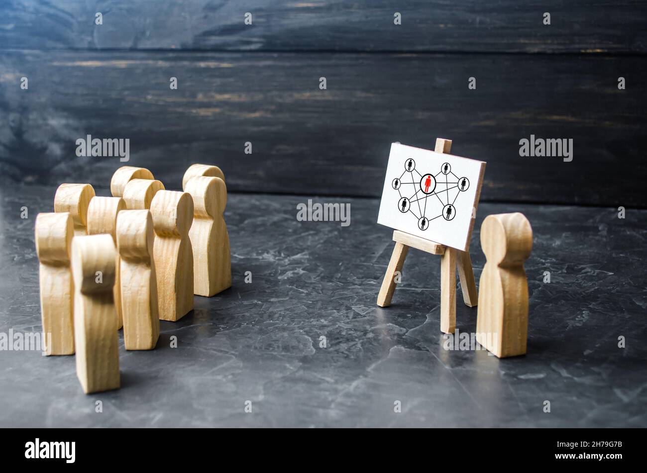 Der Leiter stellt den Mitarbeitern die hierarchische Struktur des Unternehmens vor. Vertriebsverantwortlichkeiten. Personalaufbau, Rekrutierung. Interaktion an Stockfoto