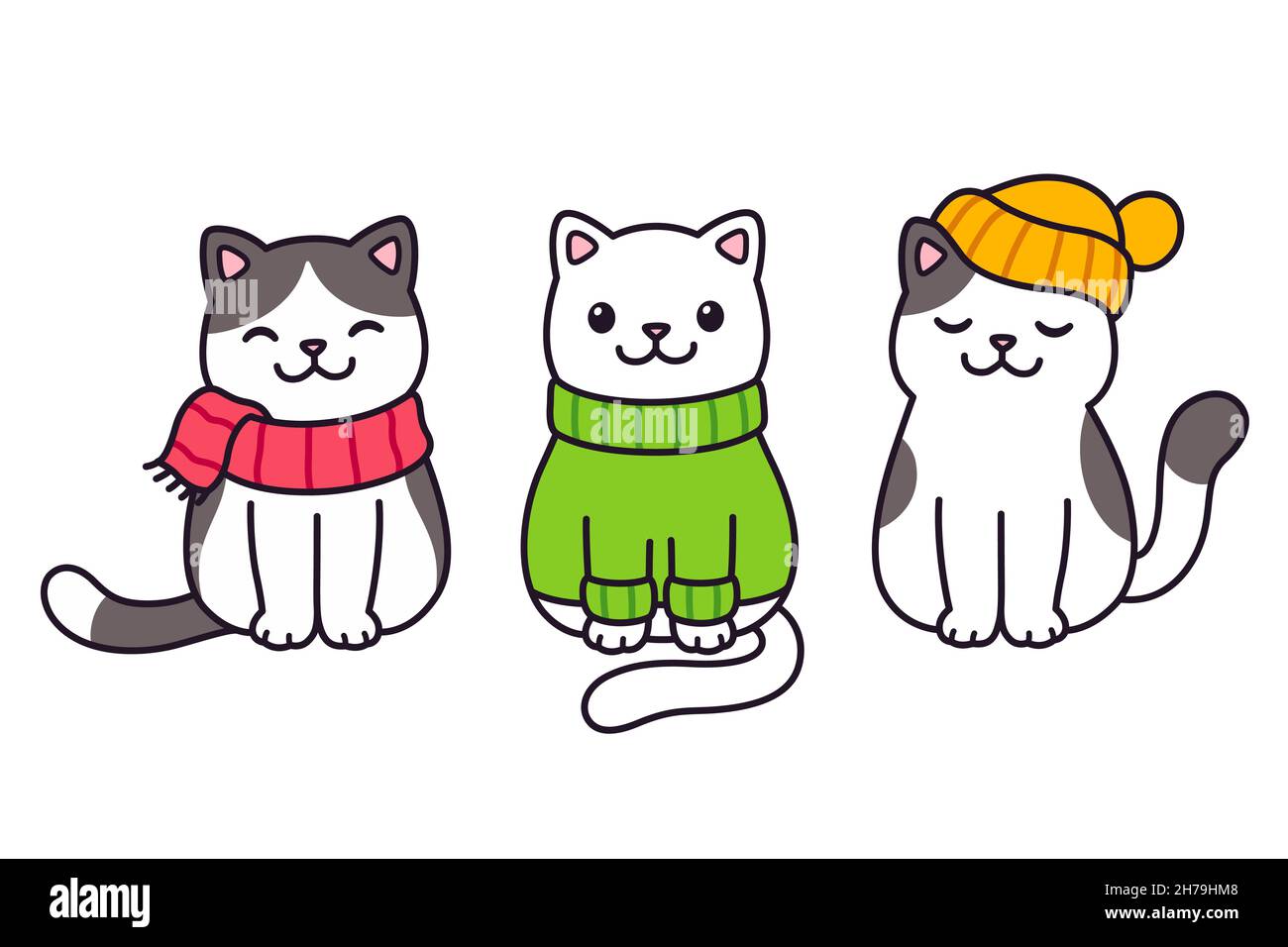 Niedliche Cartoon-Katzen in Strickkleidung: Pullover, Schal und Mütze. Drei Kawaii-Kätzchen halten sich in der Wintersaison warm. Vektorgrafik Clip Art Illustration. Stock Vektor