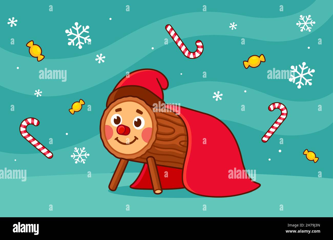 Caga Tio de Nadal, traditionelle Weihnachtsfigur aus Katalonien und Aragon, Spanien. Cute Cartoon Vektor-Illustration auf Winter-Hintergrund mit Süßigkeiten. Stock Vektor