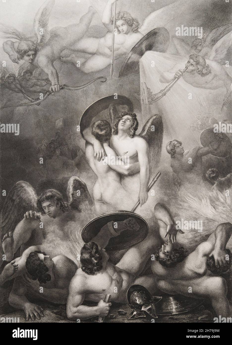 'Satan Blesse' Gravure tiree de 'Le paradis perdu' de John Milton (1608-1674) traduit par Chateaubriand, 1868 ©Archives-Zephyr/Opale.photo *** Lokale Bildunterschrift *** Stockfoto