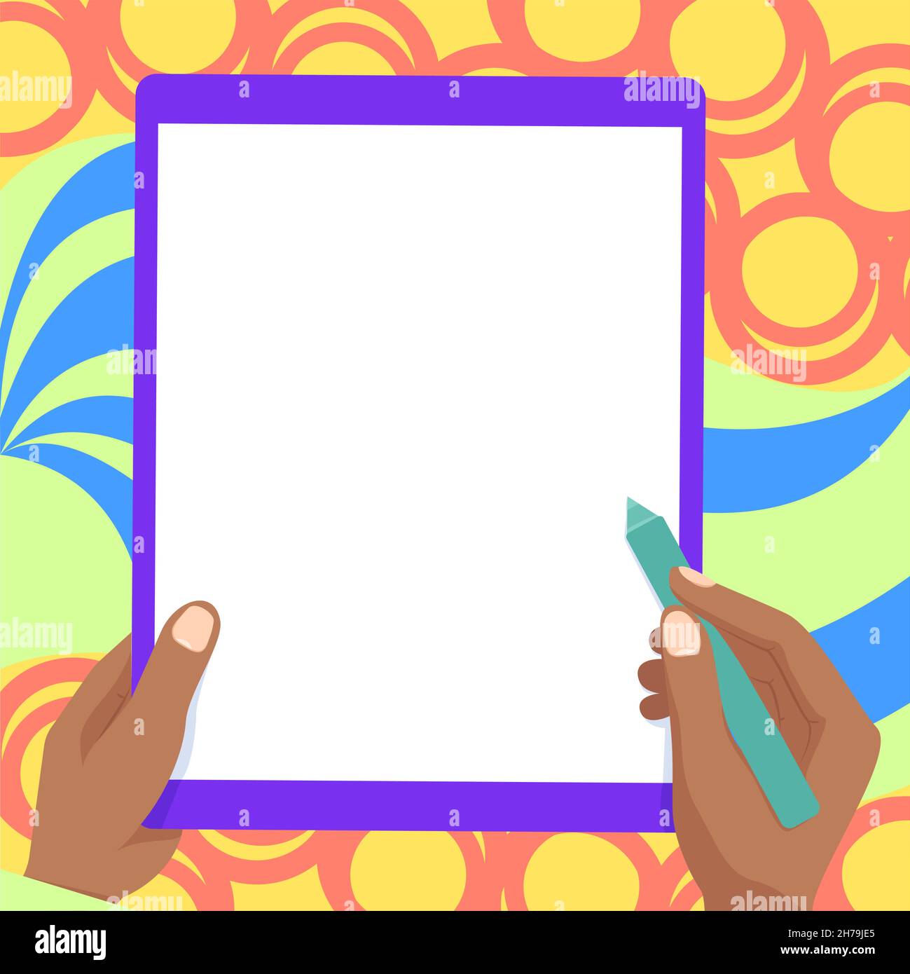 Zeichnung Von Beiden Händen Halten Tablet Leicht Präsentiert Wunderbare Ideen. Handflächenzeichnung Mit Big Pad Kombinieren Und Erstaunliche Moderne Automatisierung Zeigen. Stock Vektor