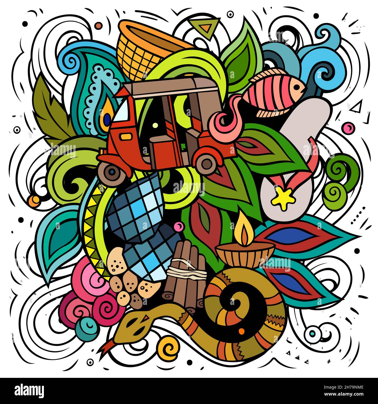 Sri Lanka Cartoon Vektor Doodle Illustration. Farbenfrohe, detailreiche Komposition mit vielen exotischen Inselobjekten und Symbolen. Stock Vektor
