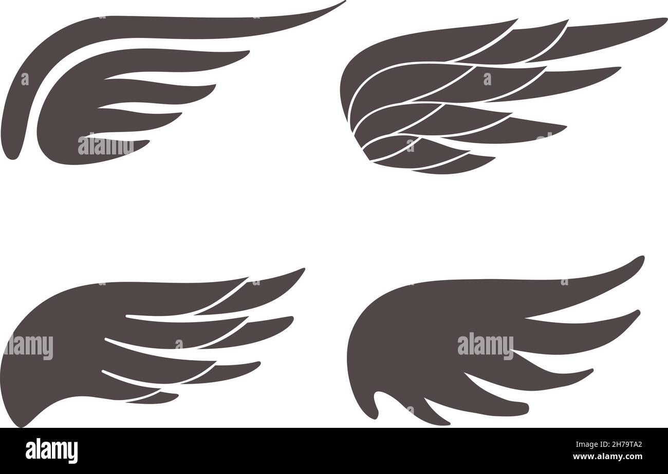 Symbole für Flügelformen. Verschiedene Formen von schwarzen Flügeln Ikonen, Engel oder Adler Vogelfeder, Freiheit und Frieden Emblem. Elemente für Logo, Creative Label oder Stock Vektor