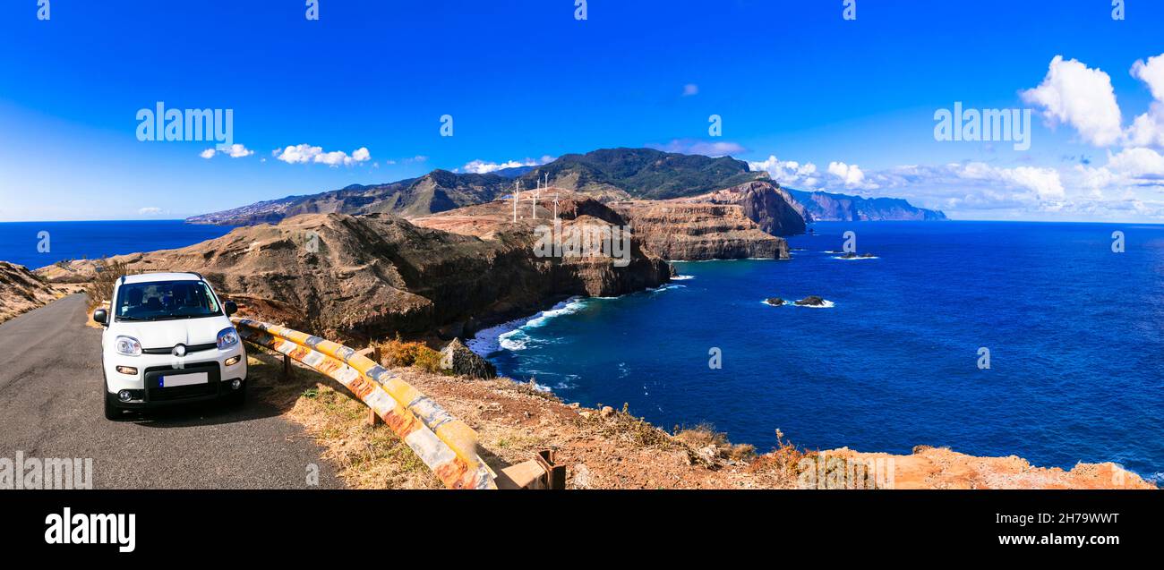 Anreise mit dem Auto auf der Insel Madeira. Atlantik, Portugal. Aussichtspunkt Ponta do rosto im östlichen Teil der Halbinsel Ponta de sao Lourence Stockfoto