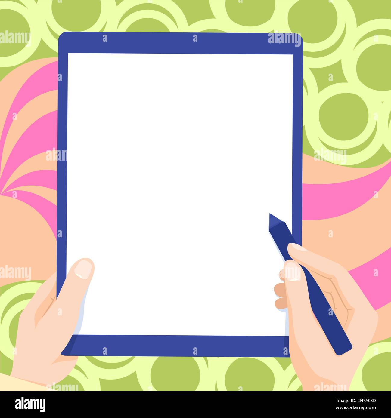 Zeichnung Von Beiden Händen Halten Tablet Leicht Präsentiert Wunderbare Ideen. Handflächenzeichnung Mit Big Pad Kombinieren Und Erstaunliche Moderne Automatisierung Zeigen. Stock Vektor