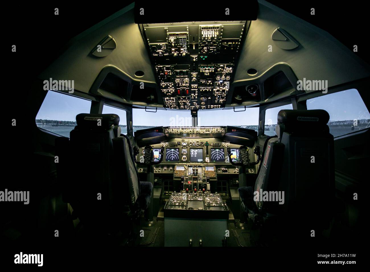 Blick vom Cockpit auf die Start- und Landebahn Stockfoto
