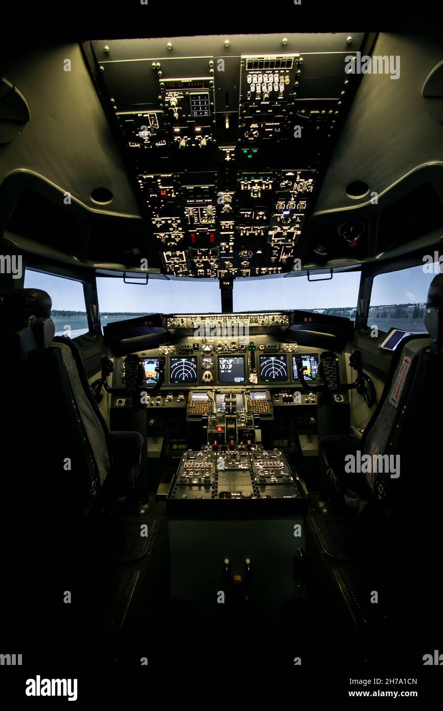 Blick vom Cockpit auf die Start- und Landebahn Stockfoto