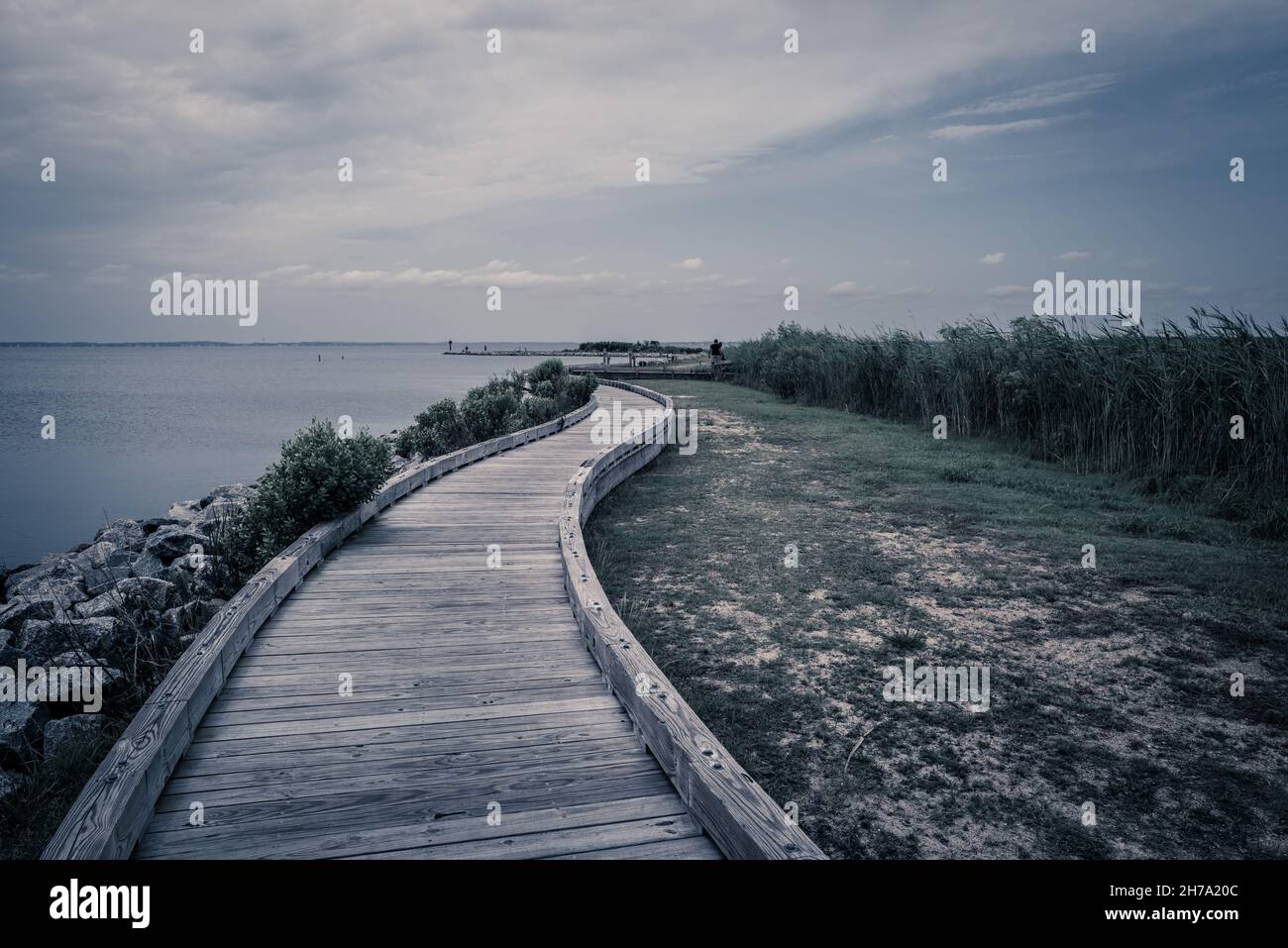 Weitwinkelfoto im Kinostil einer geschwungenen Promenade entlang des Currituck Sound im Corolla Park. Stockfoto