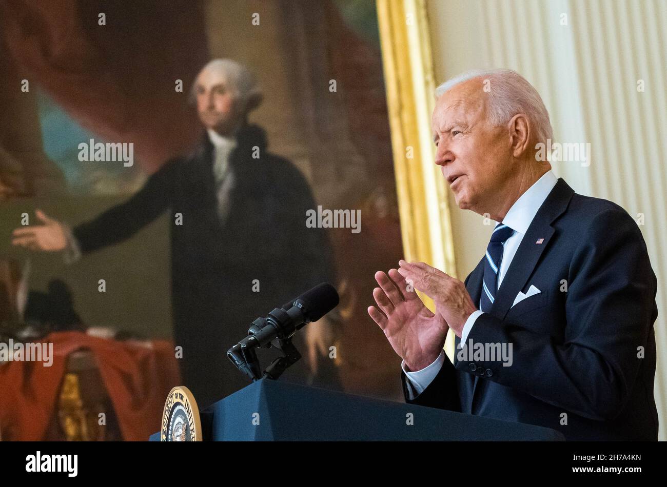 WASHINGTON DC, USA - 18. August 2021 - US-Präsident Joe Biden hält am Mittwoch, den 1. August, Bemerkungen zum COVID-19-Reaktions- und Impfprogramm Stockfoto