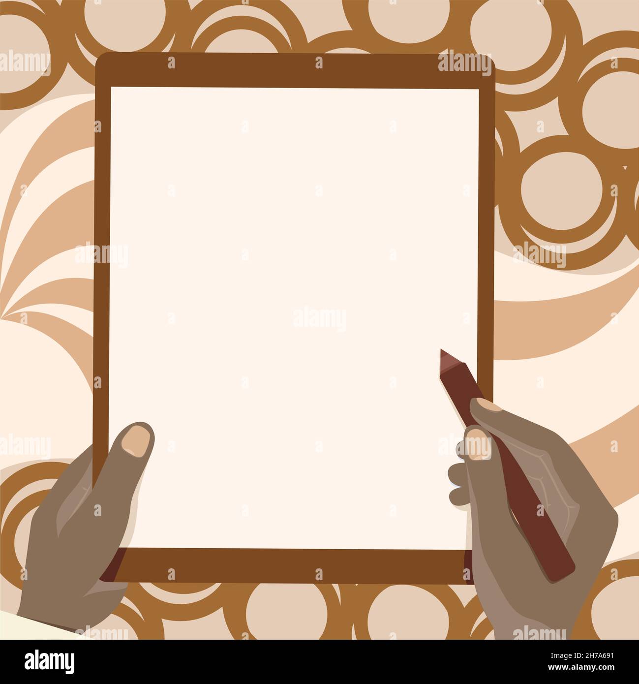 Zeichnung Von Beiden Händen Halten Tablet Leicht Präsentiert Wunderbare Ideen. Handflächenzeichnung Mit Big Pad Kombinieren Und Erstaunliche Moderne Automatisierung Zeigen. Stock Vektor