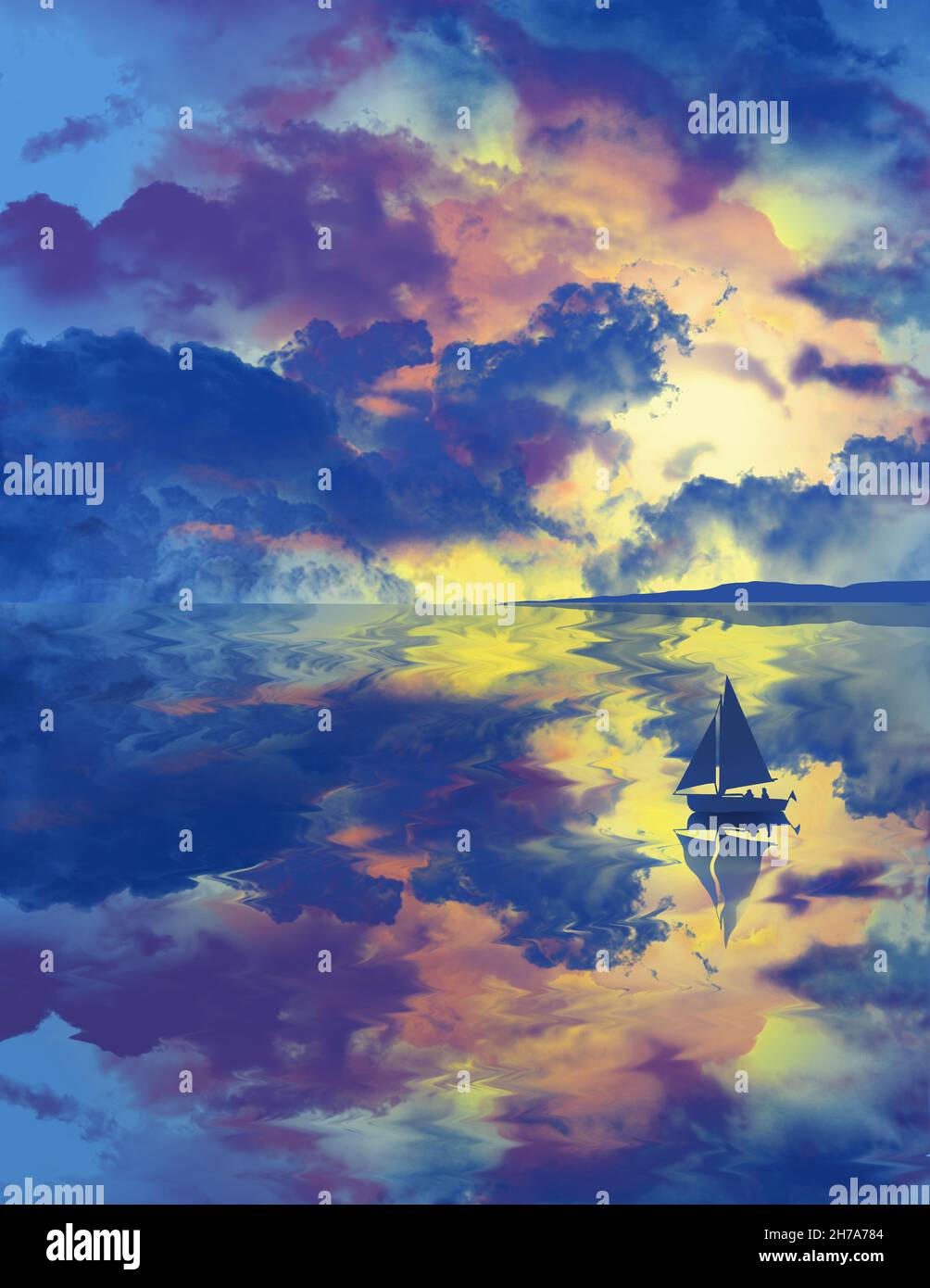 In dieser 3-d-Darstellung eines Segelbootes auf dem Wasser spiegelt sich in der Oberfläche eines Sees ein Sonnenuntergang wider. Stockfoto