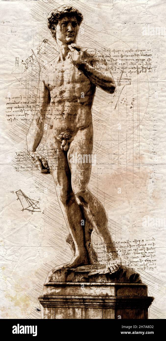 Digitale Skizze von David von Michelangelo auf altem Papier Stockfoto