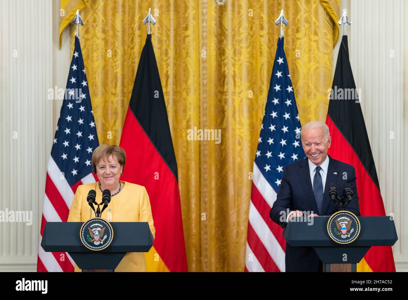 WASHINGTON DC, USA - 15. Juli 2021 - Präsident Joe Biden nimmt an einer gemeinsamen Pressekonferenz mit Bundeskanzlerin Angela Merkel am Donnerstag, den Juli, Teil Stockfoto