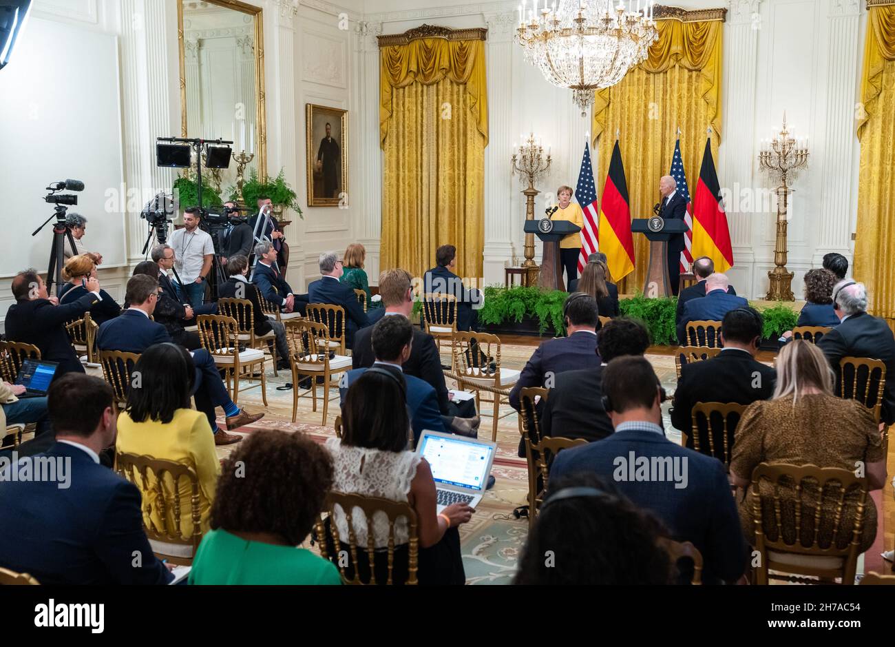WASHINGTON DC, USA - 15. Juli 2021 - Präsident Joe Biden nimmt an einer gemeinsamen Pressekonferenz mit Bundeskanzlerin Angela Merkel am Donnerstag, den Juli, Teil Stockfoto