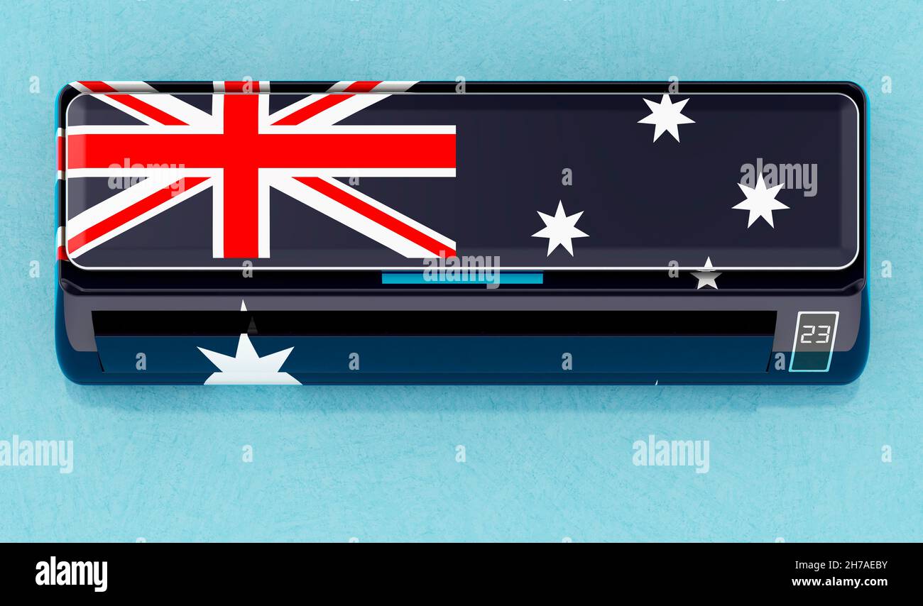 Klimaanlage mit australischer Flagge an der Wand. Haus-Klimaregelung in Australien, Konzept. 3D Rendern Stockfoto