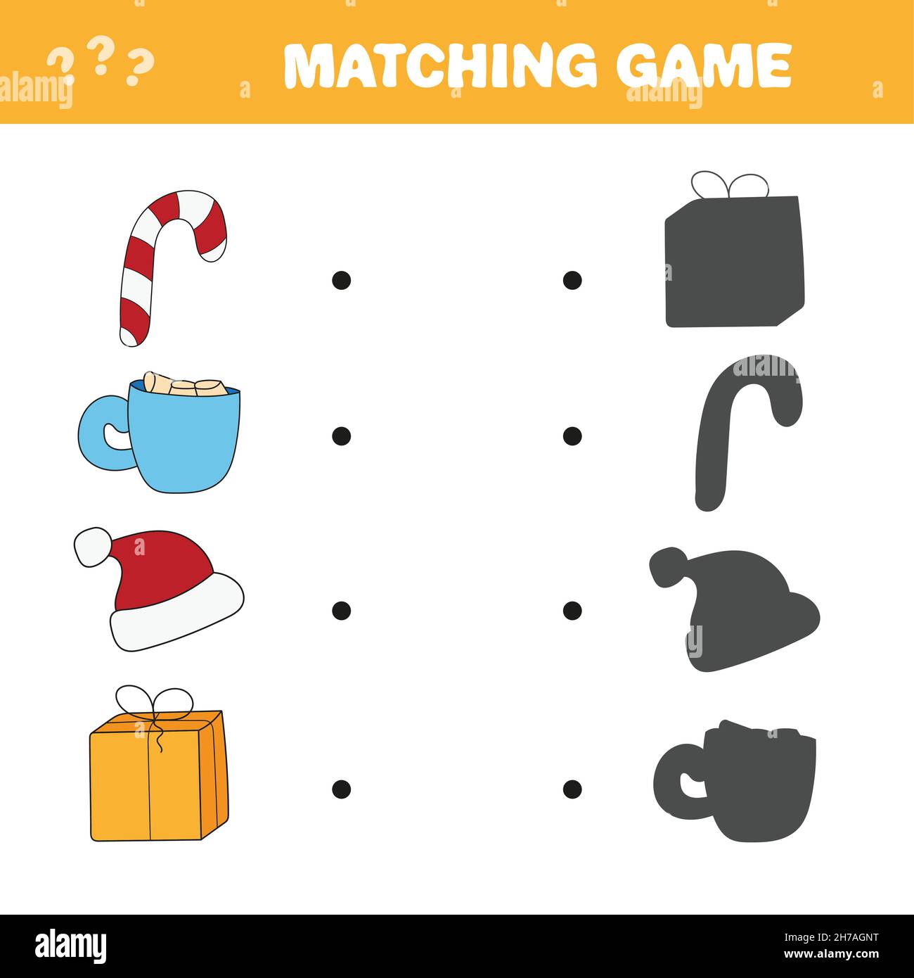 Passendes Spiel. Finden Sie den richtigen Schatten von Winter- und Weihnachtsartikeln. Spiel für Kinder. Pädagogisches Mathe-Spiel für Kinder. Vektorgrafik Stock Vektor