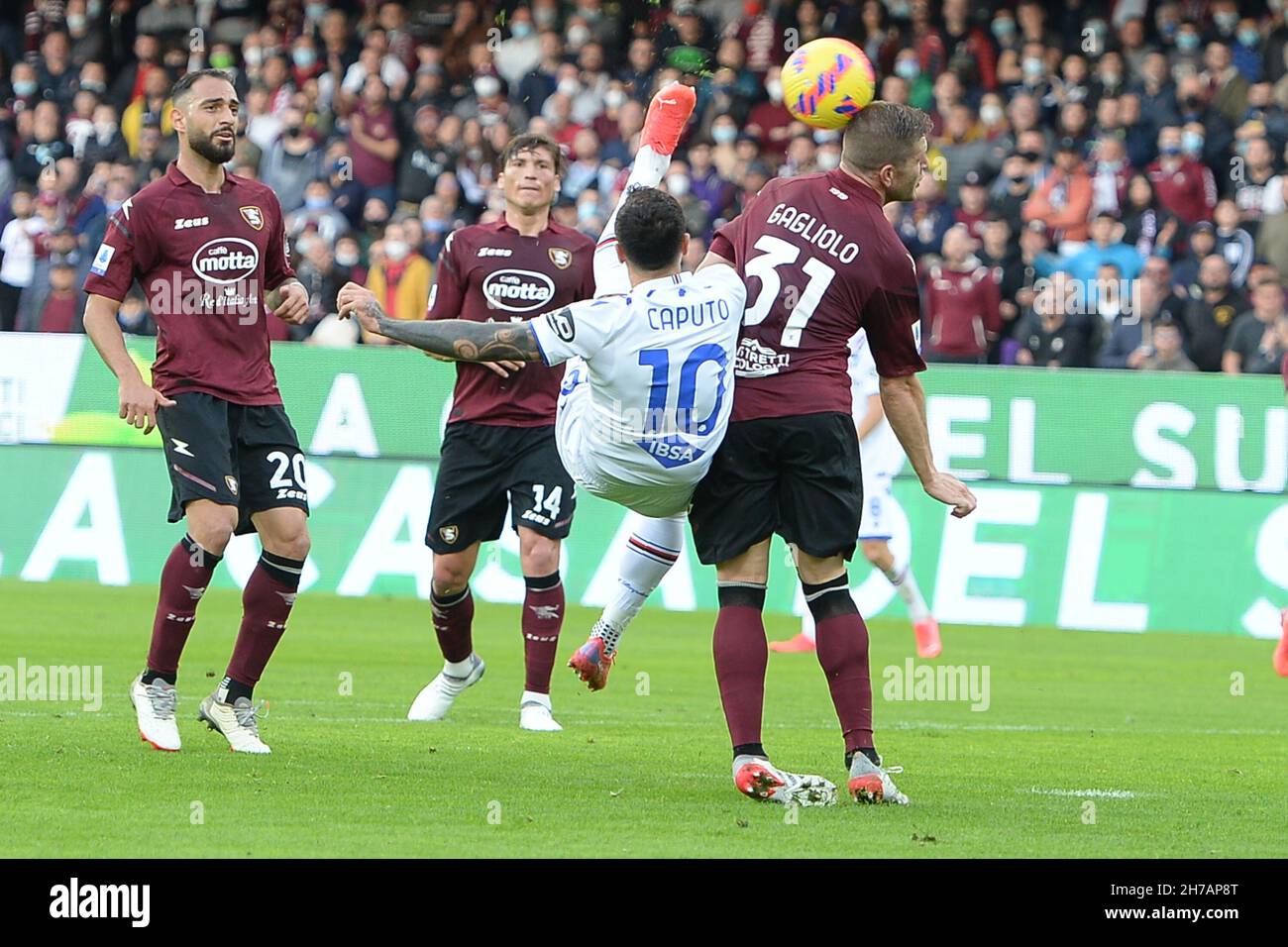 Salerno, Italien. 21st. November 2021. Francesco Caputo (UC Sampdoria) in Aktion das Serie-A-Spiel zwischen US Salernitana 1919 und UC Sampdoria im Stadio Arechi Endstand: (Bild: © Agostino Gemito/Pacific Press via ZUMA Press Wire) Stockfoto