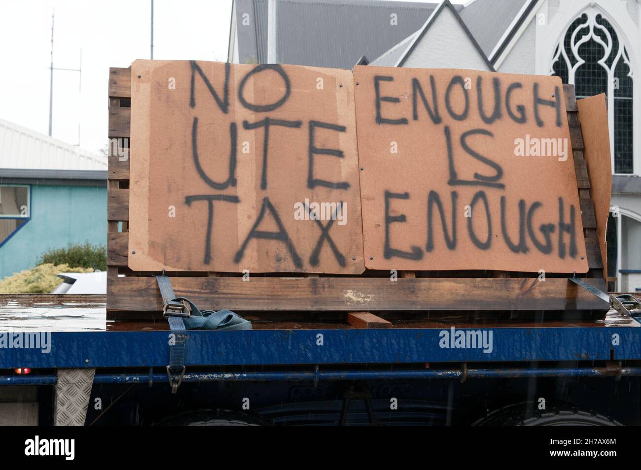 Motueka, Neuseeland 21 Nov 2021 Groundswell-Protestant gegen die 'ute-Steuer'. Stockfoto