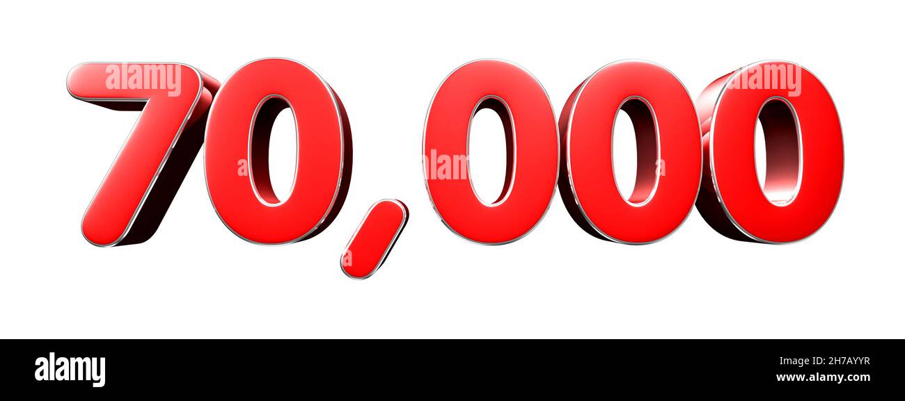 Abgerundete rote Zahlen 70000 auf weißem Hintergrund 3D Abbildung mit Beschneidungspfad. Stockfoto