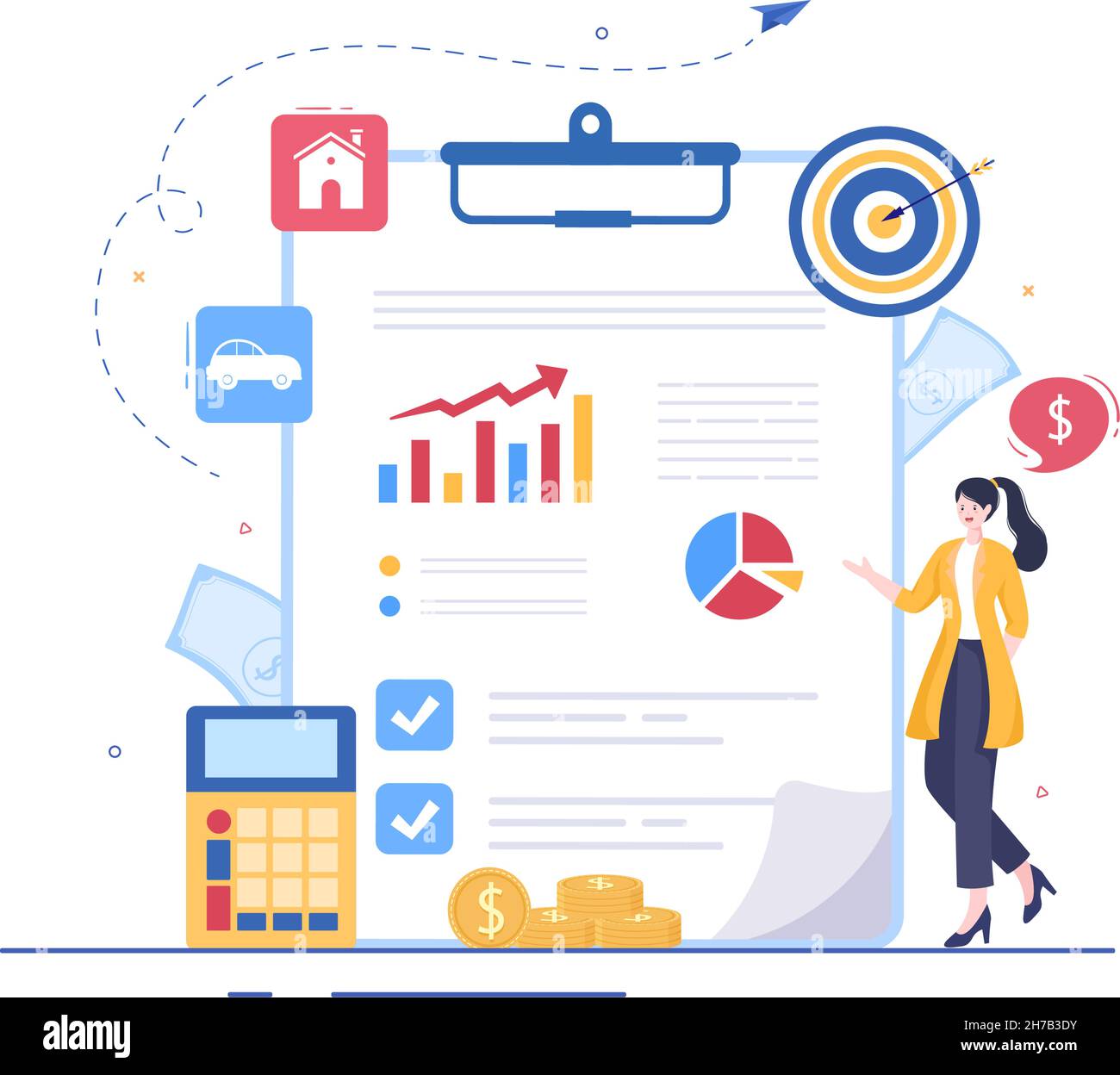 Budget Financial Analyst to Managing or Planning Spending Money at Checklist on Clipboard, Calculator and Calendar Background Vector Illustration Stock Vektor