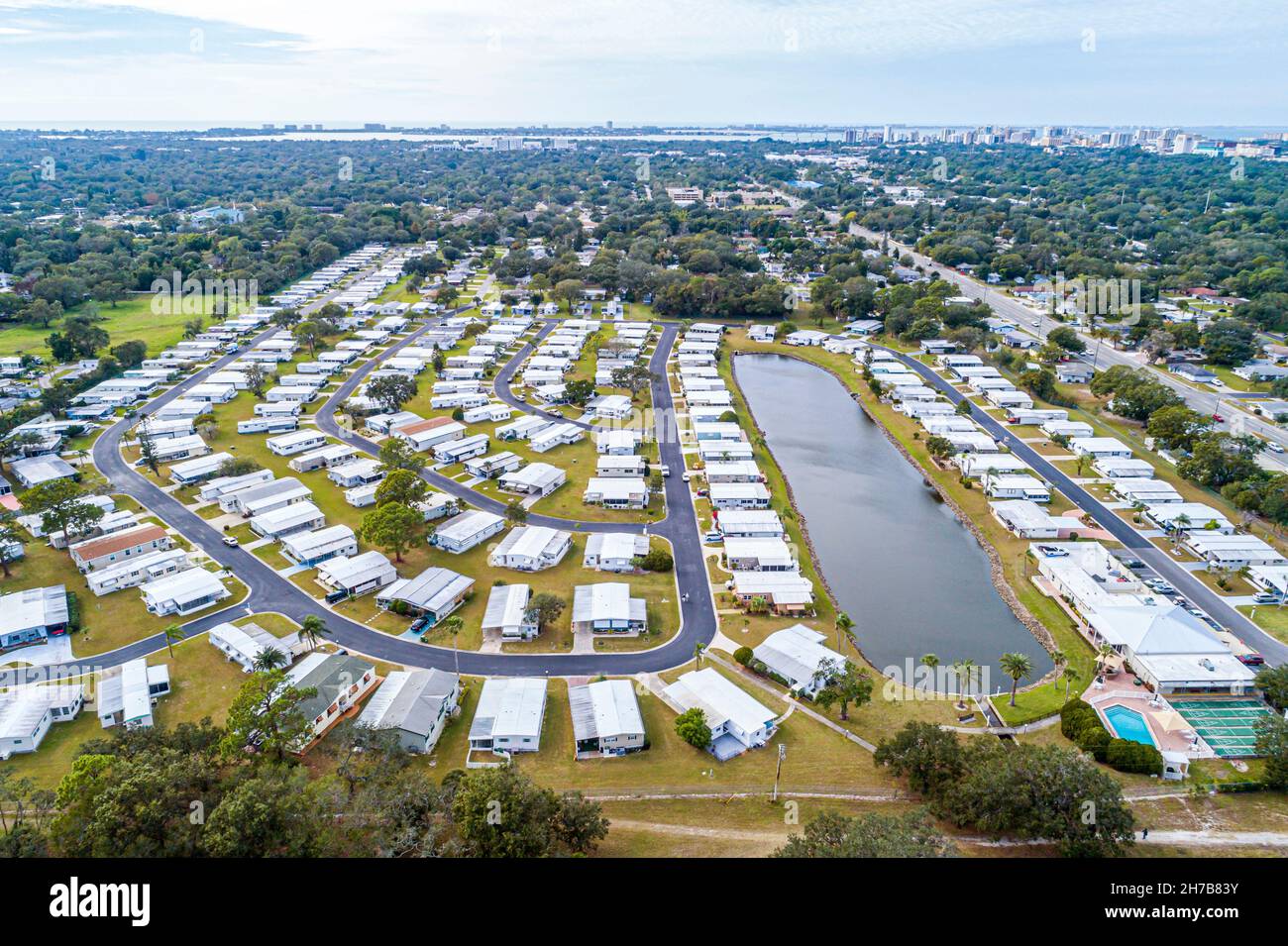 Sarasota Florida, Saralake Estates Mobile Home Park, Wohnwagen-Häuser Luftaufnahme von oben Stockfoto