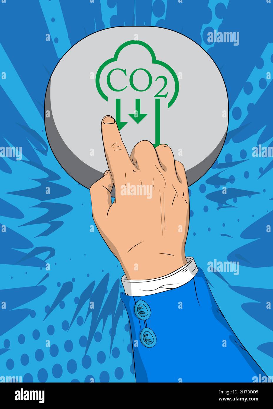 Geschäftsmann drückt mit seinem Zeigefinger das Emissionsschild CO2 und die Schaltfläche mit dem Kohlendioxid-Symbol. Konzept im Comic-Stil. Stock Vektor