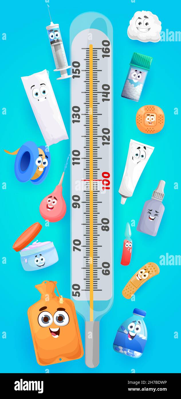 Cartoon-Medikamente, Pillen und Drogen-Charaktere. Kinder-Höhendiagramm, Wachstumsmesser mit niedlichem Clyster, Patch, Spritze und Thermometer-Messskala. C Stock Vektor