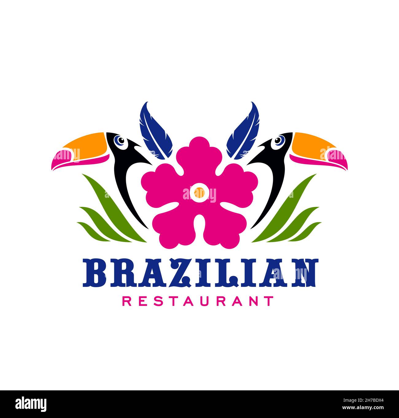 Brasilianische Küche Restaurant Ikone mit Tukane paar in Blättern, Vektor-Emblem. Brasilianische Food-Bar oder Café und brasilianische Gourmet-Restaurant-Menü decken si Stock Vektor