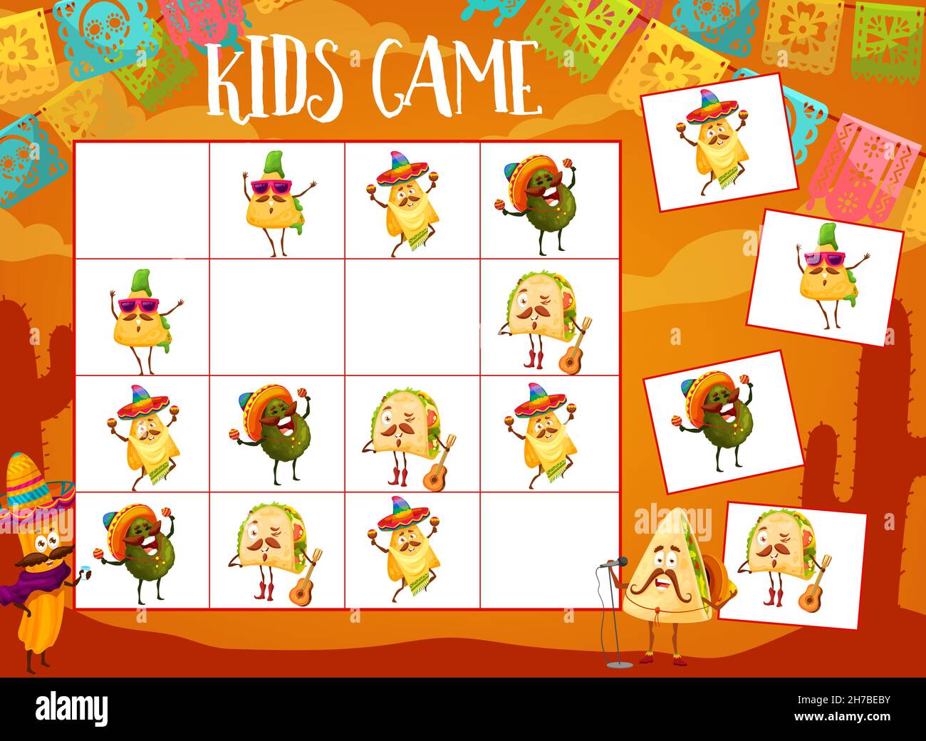 Sudoku-Spiel, mexikanische Tacos, Churros und Avocado, Nachos und Quesadilla-Zeichen, Vektor. Sudoku Tischplatten- oder Kinder-Brettspiel mit mexikanischen Cartoon-Lebensmitteln Stock Vektor