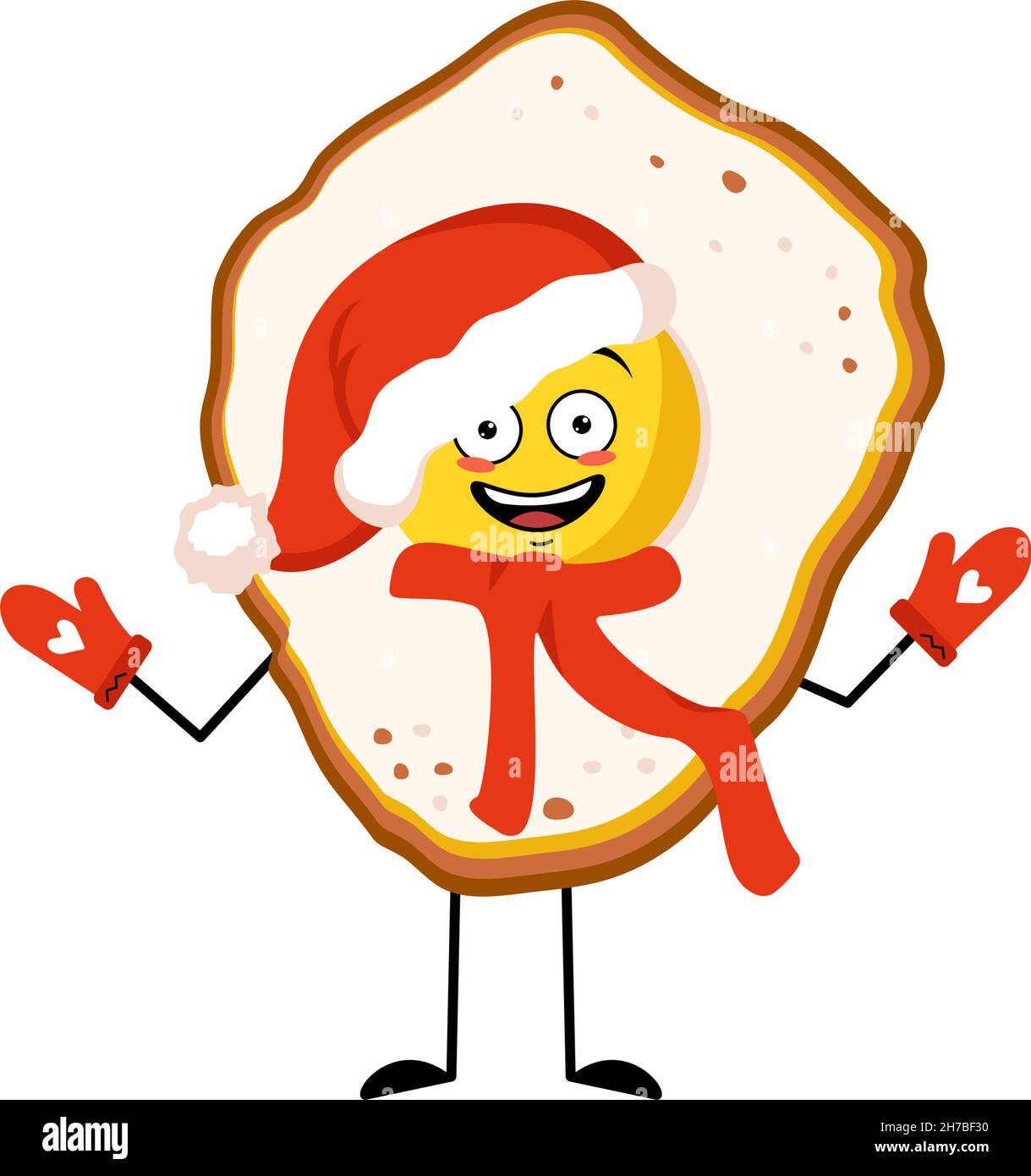 Niedliche Rühreier Charakter mit fröhlichen Emotionen, glückliches Gesicht, Lächeln, Augen, Arme und Beine in roten Weihnachtsmann Hut mit Schal und Fäustlinge. Das Essen zum Frühstück war gut. Vektorgrafik flach Stock Vektor