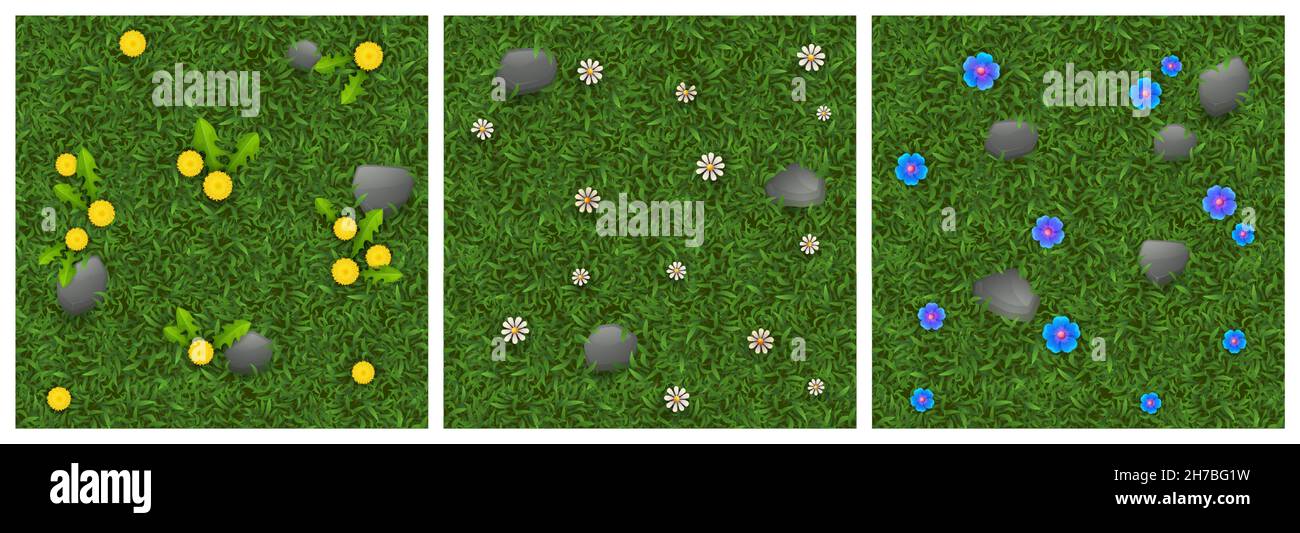 Texturen von grünem Gras mit Blumen und Steinen für den Spielhintergrund. Vektor Cartoon nahtlose Muster der Draufsicht auf Rasen mit Blüten in Park oder Garten, Sommerwiese Stock Vektor